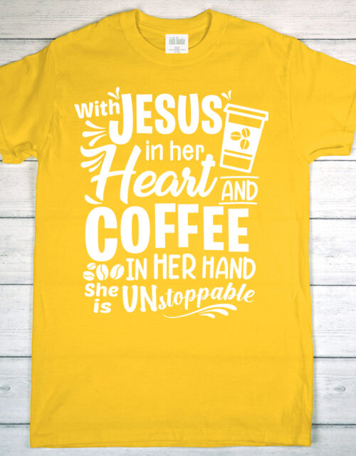 With Jesus In Her Heart And Coffee In Her Hand - Adult Short Sleeve T-Shirt