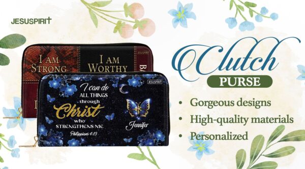 Personalized Leather Clutch Purse With Wristlet Strap Handle
